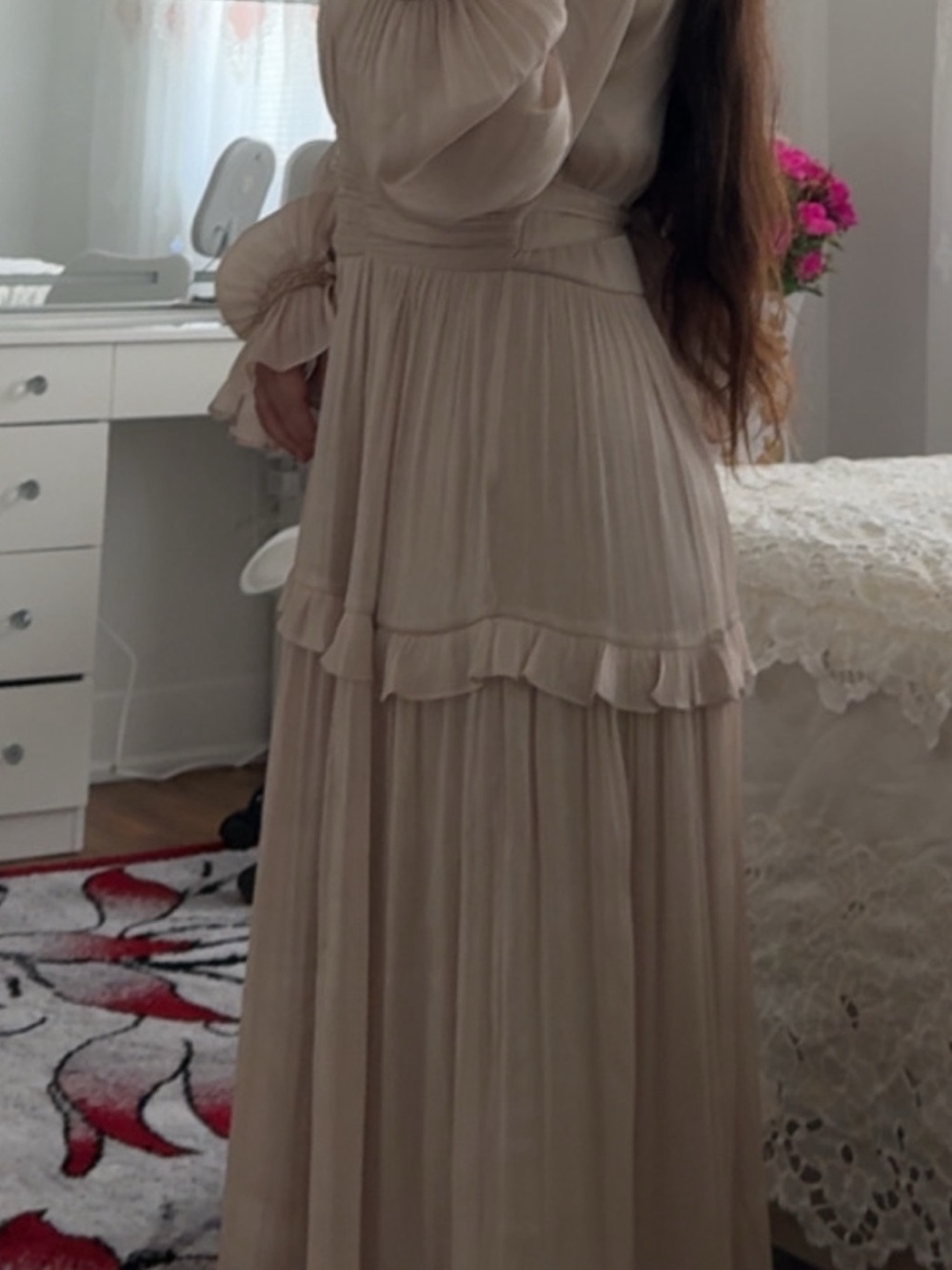 Elegant Long Cream Maxi Dress with Ruffle Details